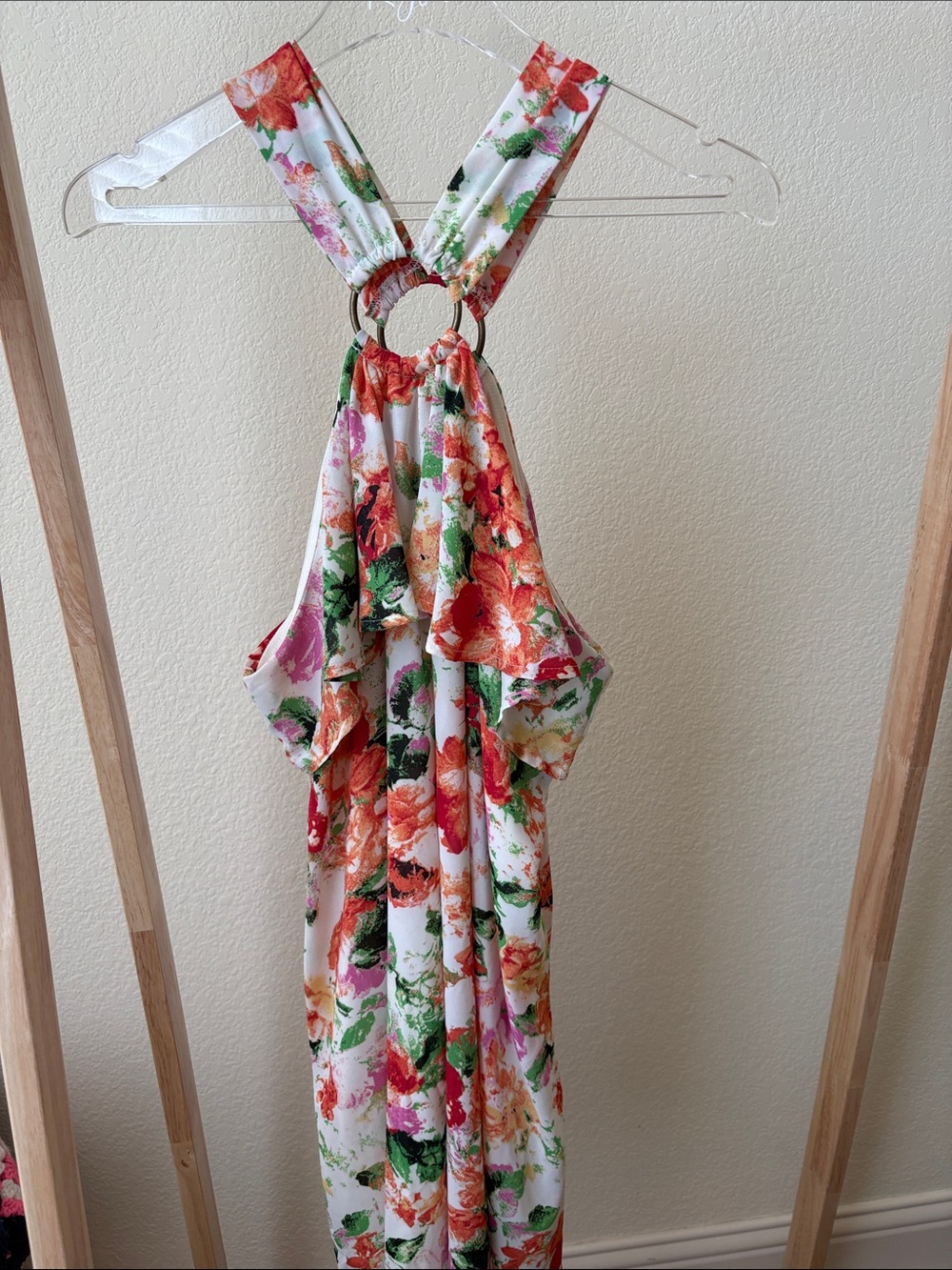 entro Floral Strapless Halter Maxi Dress in White, Red, Green